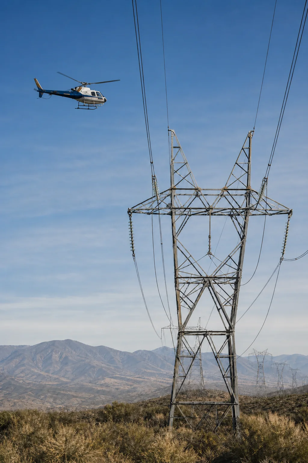 Utility helicopter operating with clear separation from transmission towers and power lines across a mountain corridor