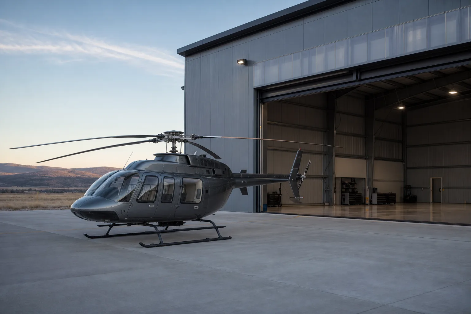 Utility helicopter prepared for operations beside a hangar in soft morning light