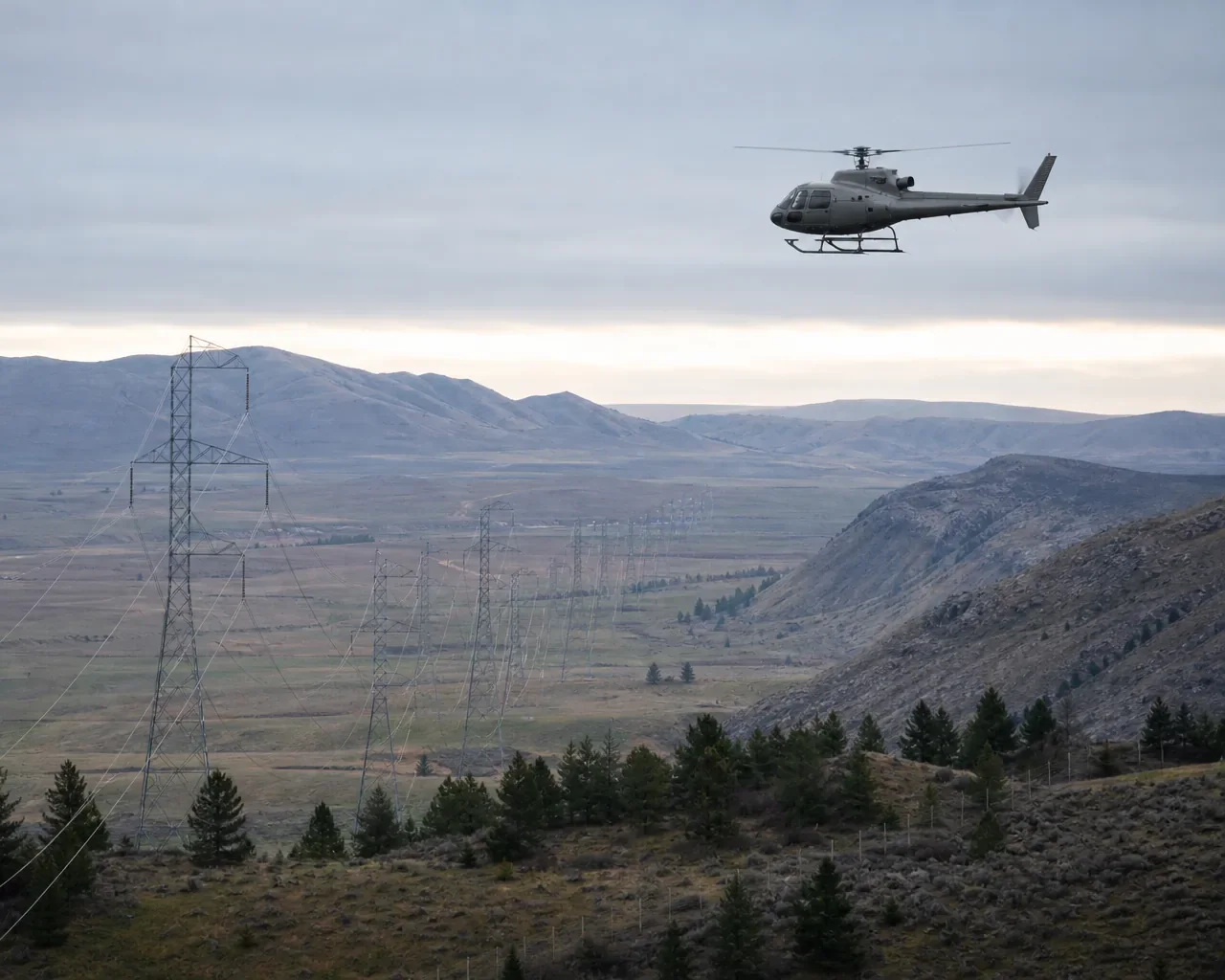 Utility helicopter operating with safe separation above a transmission corridor, with power towers and lines visible across the landscape